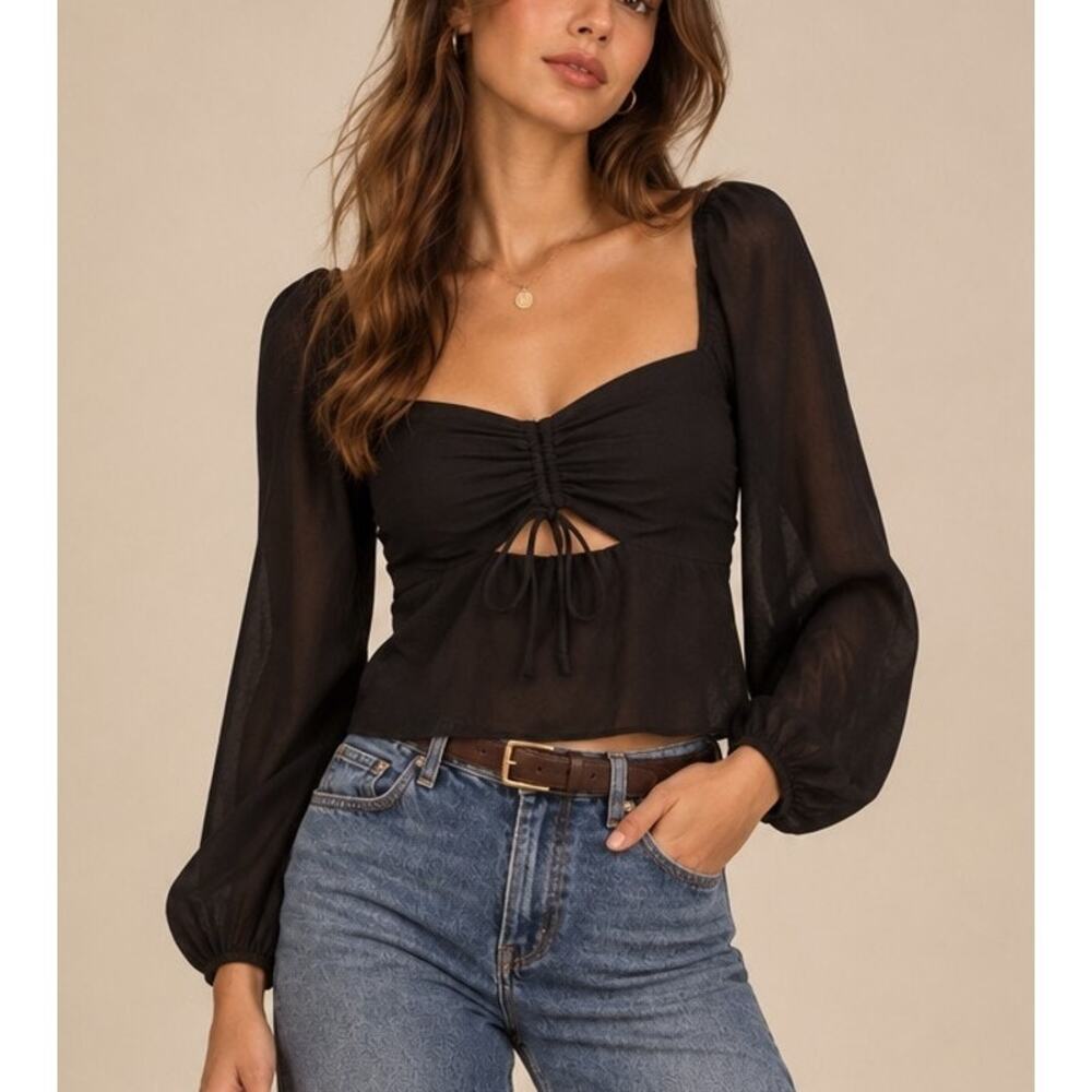 Abercrombie & Fitch Cinch Tie Sweetheart Puff Sleeve Top Size M Black Romantic